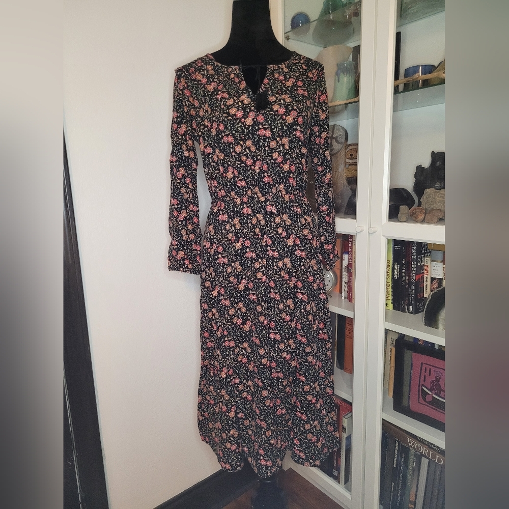 Old Navy Midi Gauzy Peasant Dress India M Hippie Boho Prairie Black Floral
